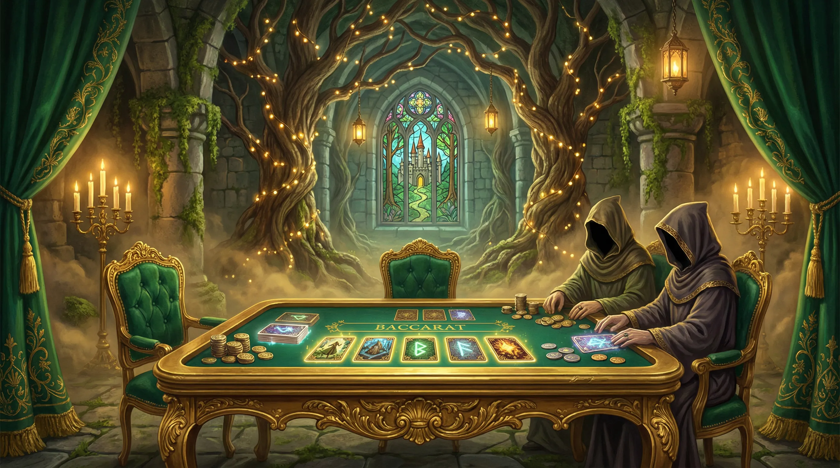 Mesa de bacará elegante com cartas douradas no Onabet